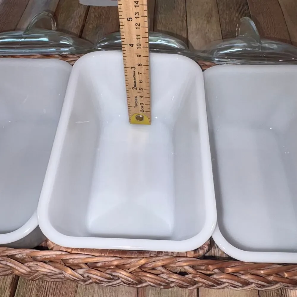 VNTG‎ Glasbake J-305 White Milk Glass Set 3 Covered Loaf Dishes Wicker Basket